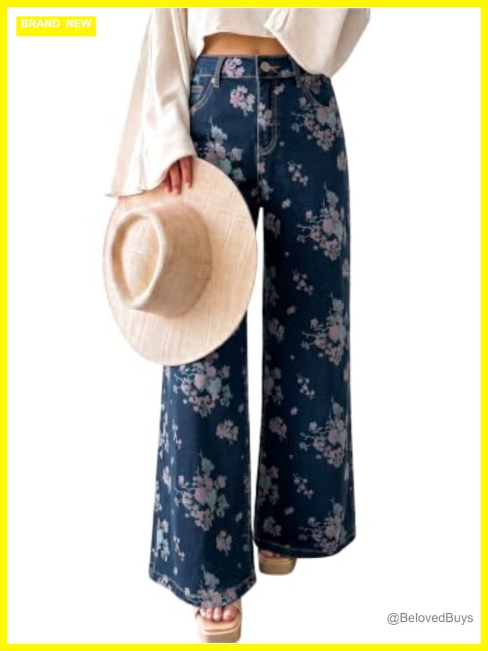 Womens High Waisted Wide Leg Jeans Floral Print Stretchy Baggy Denim